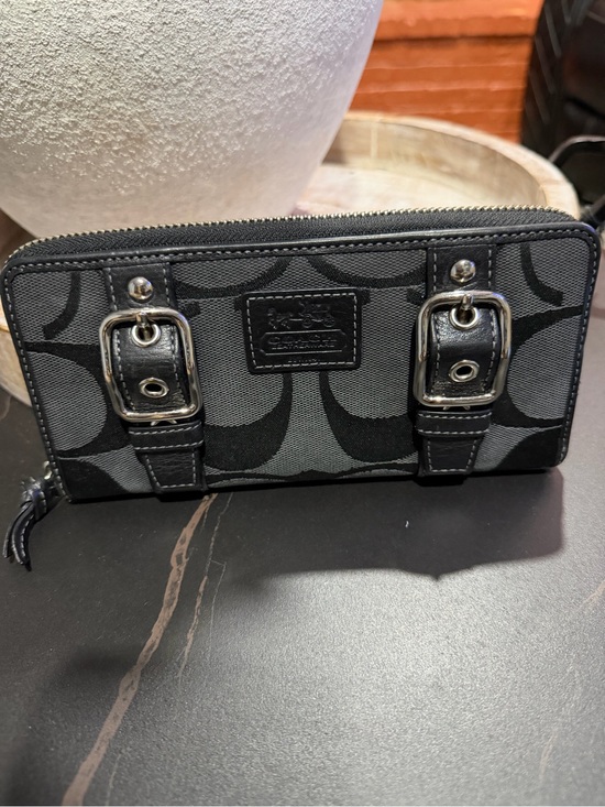 Coach Accessories - Coach Black and Gray Signature Canvas Zip Wallet with Buckle Detail